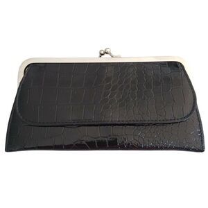 Vintage Pocketbook Black Patent Leather Croc Purse Handbag Clutch